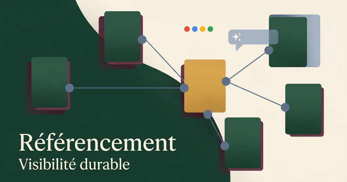 Cocon géométrique de pages reliées montant en visibilité moteurs et IA